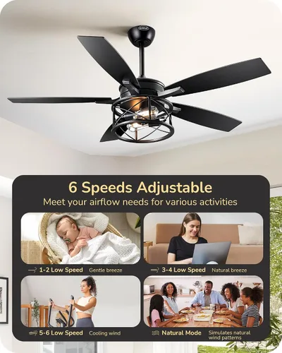 Vista 5 de EDISHINE - Ventilador de techo de granja negro de 42 pulgadas con luces, control remoto, regulable, 6 velocidades, 5 aspas de madera, motor