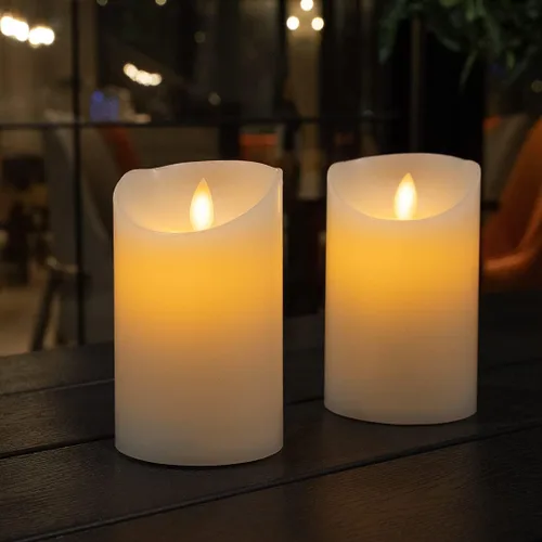 Vista 4 de Restaurantware - Velas de pilar sin llama de 3 x 5 pulgadas, 10 velas LED programables - Llama bailarina, para bodas y fiestas, velas blancas