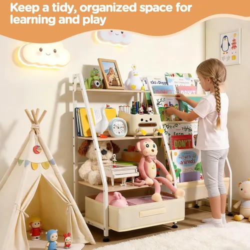 Vista 4 de Estantería para niños y almacenamiento de juguetes para habitaciones de niños, estantería para bebés con 4 estantes de eslinga y organizador