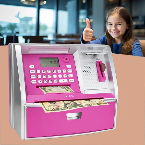 Vista 6 de Banco de ahorros tipo cajero automático con tarjeta de débito, alcancía electrónica para dinero real, reconocimiento de monedas, configuración