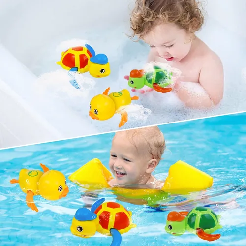 Vista 5 de Cuterabit Juguetes de baño para bebés, tortuga y pato flotantes de cuerda para natación, juguetes para la bañera, juguetes de piscina, juguetes