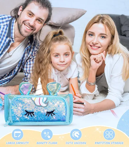 Vista 6 de Lindo estuche para lápices, estuche 3D para niñas y niños, bolsa brillante para lápices con lentejuelas para estudiantes, suministros escolares