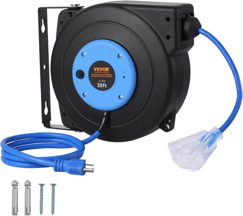Vista 18 de VEVOR Carrete de cable de extensión retráctil, 30 pies, carrete de cable de alimentación retráctil resistente 16AWG/3C SJTOW con toma triple