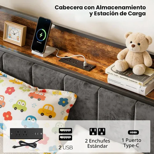 Vista 4 de PROTEA Base de cama de tamaño individual con luces LED y estación de carga, cabecera tapizada con almacenamiento, plataforma resistente con listones