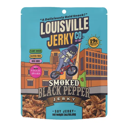 Vista 9 de Louisville Vegan Jerky - Carne vegana y vegetariana de pimienta negra ahumada, 0.67 oz de proteína de soja sin OMG, 310 calorías por bolsa