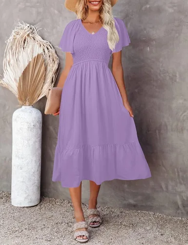 Vista 2 de MEROKEETY Vestido midi casual de verano 2023 con cuello en V y mangas fruncidas y cintura alta con bolsillos