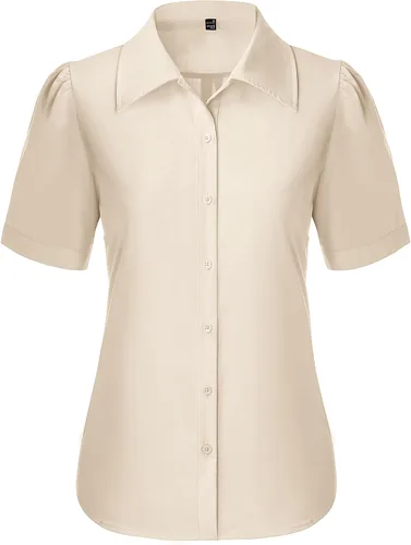 Vista 15 de Gleeivy Camisas de botones para mujer de manga corta abombada, camisas de vestir abotonadas con cuello ajustado, blusa superior de trabajo
