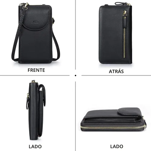 Vista 6 de S-ZONE - Bolso cruzado para mujer, de cuero sintético de PU, con bloqueo RFID, para teléfono celular/billetera A-Negro