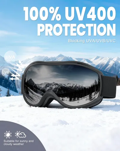 Vista 5 de FMY Gafas de esquí y snowboard OTG, protección UV400, anti niebla, gafas de esquí para motos de nieve para hombres, mujeres y jóvenes