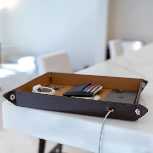 Vista 7 de Bandeja grande de cuero genuino Bandeja de cartera de joyería, plato para llaves, mesa de entrada, organizador para hombres, bandeja de noche