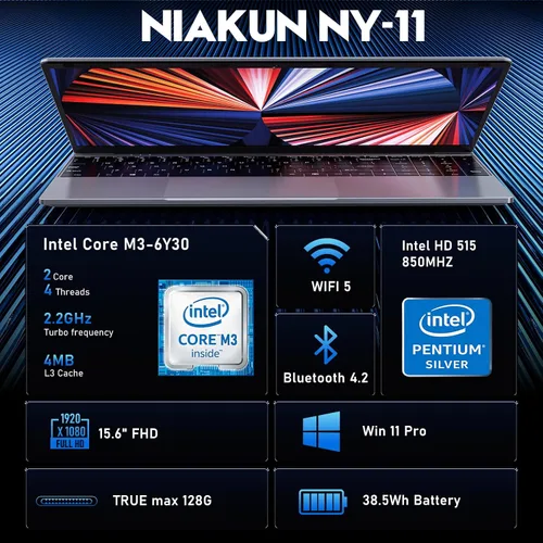 Vista 2 de NIAKUN Laptop Window 11 Pro 2026, 15.6 pulgadas de regazo superior, 16 GB de RAM 256 GB SSD PC, procesador M3-6Y30, pantalla FHD, WIFI5, BT4.2