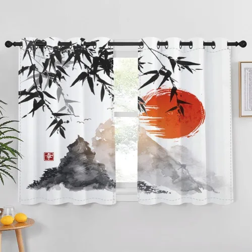 Vista 18 de Cortinas japonesas con pintura de tinta, monte Fuji, sol rojo, puesta de sol, hojas de bambú, cortinas de ventana para dormitorio, sala de estar