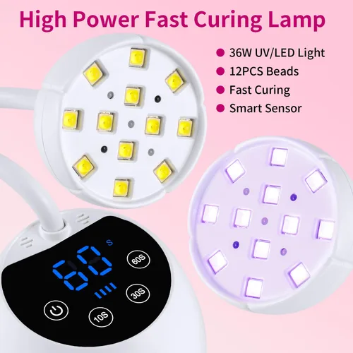 Vista 4 de Lámpara de uñas UV, cuello de cisne inalámbrico de 36 W, lámpara de curación de flash con 3 temporizadores y sensor automático para arte de uñas