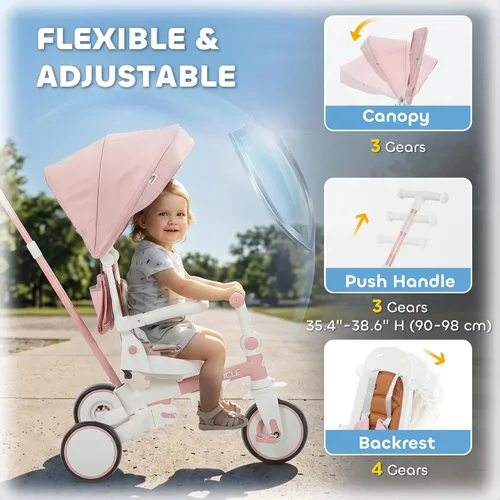 Vista 5 de Qaba 7 en 1 triciclo cochecito plegable bicicleta para niños pequeños 1-5 Rosa