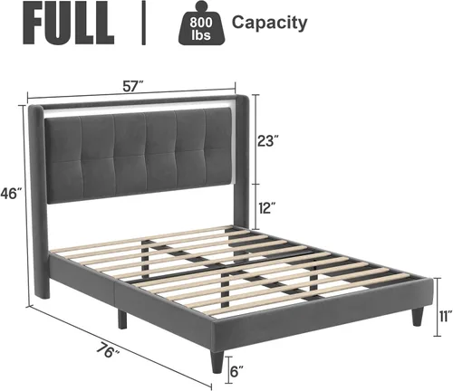 Vista 2 de Base de cama tapizada de tamaño matrimonial con cabecera de terciopelo moderna y soporte de listones de madera resistente, antideslizante, sin
