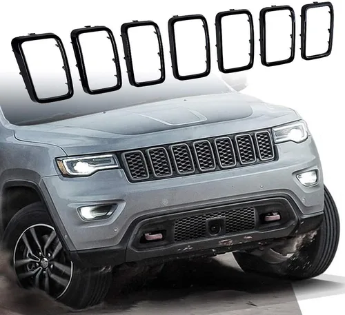 Vista 18 de Juego de 7 piezas de insertos de parrilla delantera negra estilo malla de panal compatible con Jeep Cherokee 2014-2018 Malla negra mate + ribete