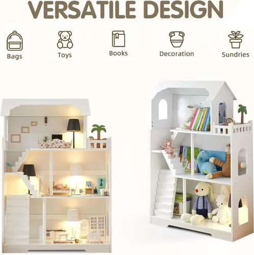 Vista 13 de Estantería de Casa de Muñecas de Madera - Estantería de Casa de Muñecas para Niños Pequeños, Espacio Extra para Almacenamiento de Juguetes y Libros