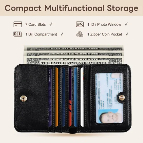 Vista 2 de Cartera pequeña para mujer, con bloqueo RFID, de cuero, plegable, compacta, tarjetero para mujer, con cremallera, bolsillo para monedas, ventana