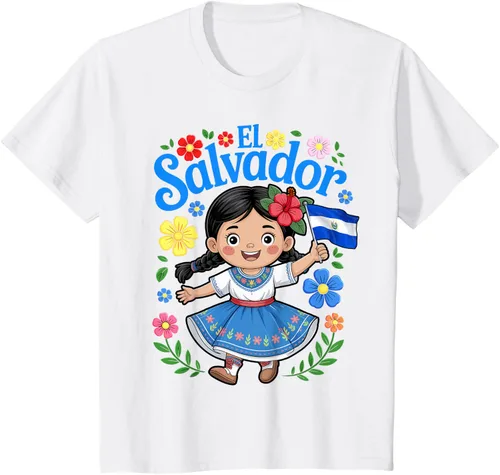 Vista 28 de Camiseta de estilo tradicional floral para niña con la bandera de El Salvador
