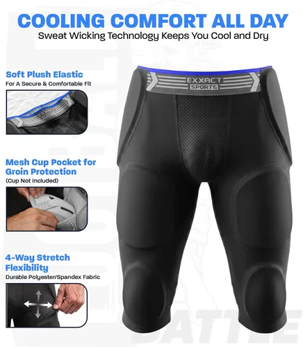 Vista 2 de Exxact Sports Battle - Faja de fútbol con 7 almohadillas para hombres y niños con bolsillo para tazas, pantalones cortos de compresión acolchados