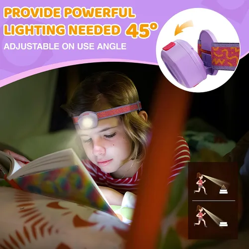 Vista 4 de EverBrite Linterna frontal LED recargable para niños con modo RGB y diadema ajustable, 3 modos multicolor para acampar, leer, explorar, senderismo