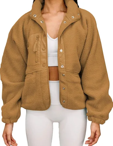 Vista 11 de Aoang Abrigos de invierno para mujer, casual, con solapa, manga larga Verde militar