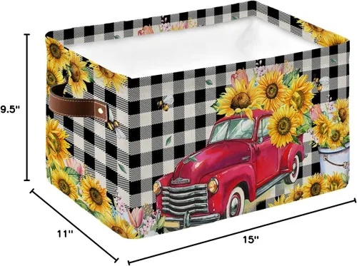 Vista 8 de 1 cesta de almacenamiento grande de tela impermeable, primavera, girasol, tulipán, abeja, floral, rectangular, caja de almacenamiento para estantes