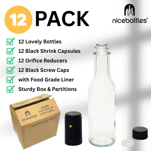 Vista 2 de nicebottles Botellas Woozy de vidrio transparente con cápsulas retráctiles, 5 onzas, caja de 12