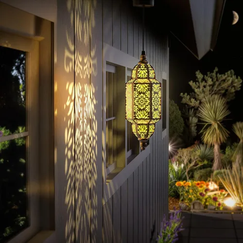 Vista 6 de Twinkya Paquete de 2 luces solares colgantes para jardín, farol solar decorativo para exteriores, impermeables, de metal, marroquí, decoraciones al