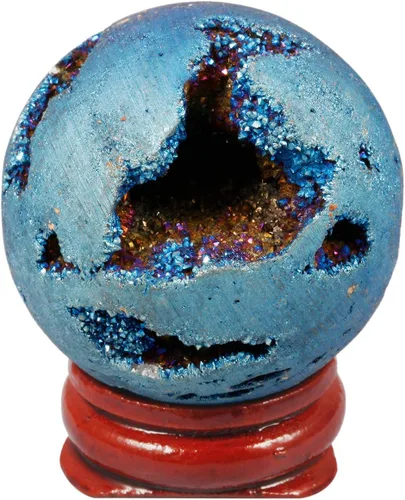 Vista 11 de TUMBEELLUWA Piedra preciosa de geoda de ágata druzy, cristal curativo de cuarzo Aura recubierto de titanio, con soporte de madera, decoración