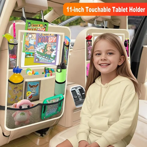 Vista 2 de Organizador de asiento trasero de automóvil, paquete de 2 organizadores de asiento trasero de automóvil con soporte para tableta de 11 pulgadas, 10