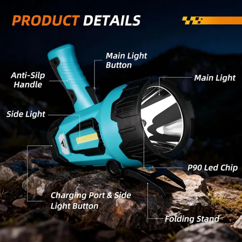 Vista 2 de Linterna recargable LED súper brillante IPX4 impermeable Luz de búsqueda de 4 modos con luz COB y trípode plegable 4400 Ah Proyector de mano