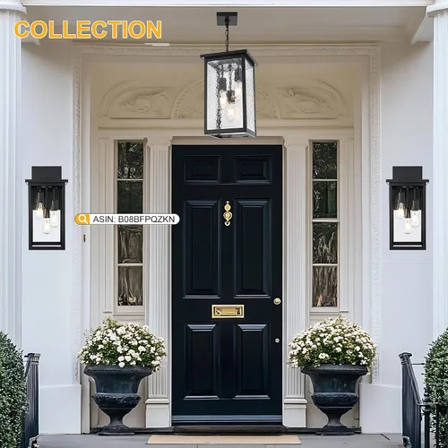 Vista 4 de TODOLUZ Lámpara colgante grande de 3 luces para exteriores, iluminación de porche colgante exterior con vidrio martillado, cadena larga ajustable
