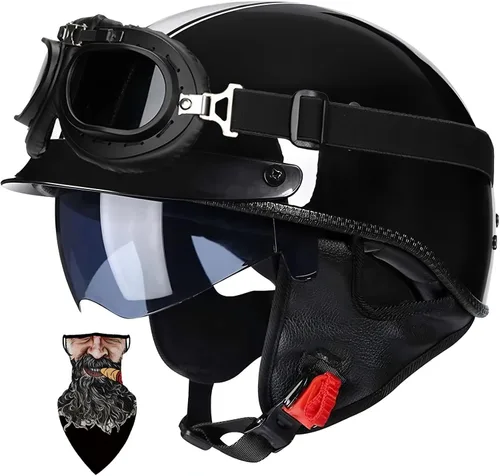 Vista 21 de Casco Moto Retro Vintage Jet Medio para Hombre y Mujer Adultos, DOT Homologado, Ventilación Dual, Visera Retráctil y Desmontable, Apto para Patinete
