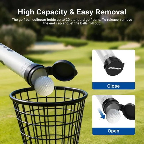 Vista 6 de NEEWER Tolva de tubo para pelotas de tenis y pelotas de pickleball, sección desmontable sin doblez, recogedor superior con tapón y correa