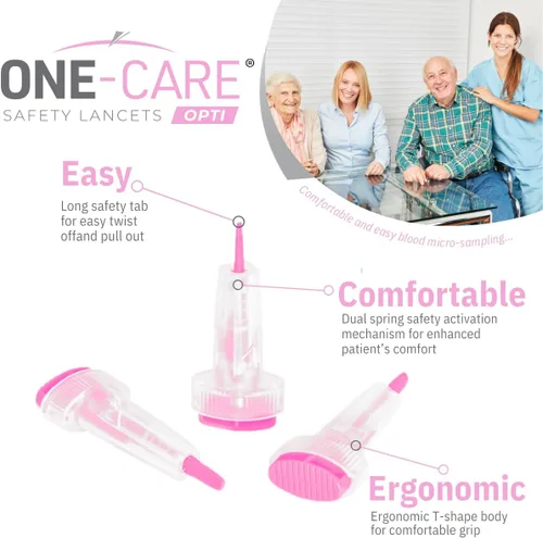 Vista 2 de ONE-CARE Opti - Lancetas de seguridad, botón superior activado, 21G x 0.110 in, cómodas, 200 unidades, precargadas, estériles
