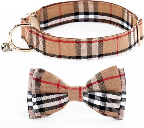 Vista 7 de Yizepet Collar de perro con corbatín - Collar ajustable para mascotas con collar de hebilla de plástico, patrón elegante para niños pequeños Beige