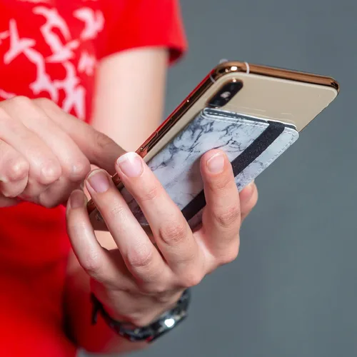 Vista 6 de Tarjetero para teléfono celular, bolsillo para iPhone, Android y todos los teléfonos inteligentes con correa (cinturón de mármol blanco)