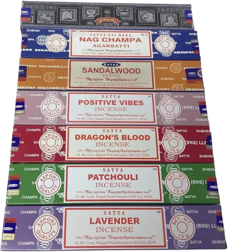 Vista 3 de Set de regalo de incienso Satya Nag Champa, Super hit, Dragon's Blood, Sandalwood, Patchouli, Lavender, Positive Vibes 15 g x 7 paquetes