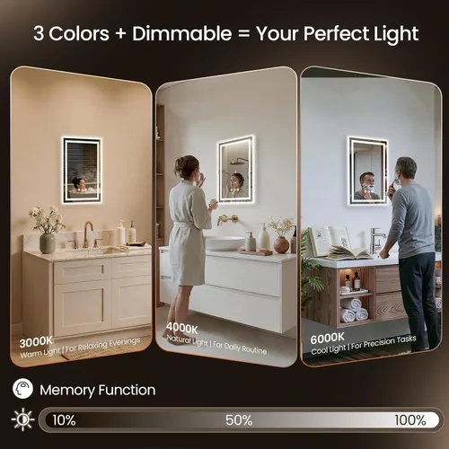 Vista 3 de Espejo de baño LED de 16 x 24 pulgadas con luces, antiniebla, retroiluminado + luz frontal, espejo de tocador de baño iluminado para pared, función