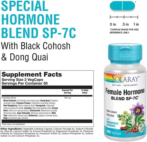 Vista 3 de SOLARAY Mezcla de Hormonas Femeninas SP-7C Con Cimicifuga, Dong Quai, Pasiflora, Yam Silvestre y Más 100 Cápsulas Vegetales, 50 Porciones