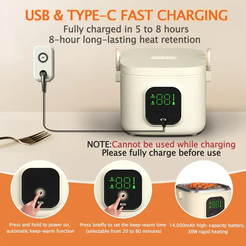 Vista 5 de Lonchera eléctrica para adultos mujeres, fiambrera eléctrica sin cable para hombres, calentador de alimentos portátil recargable con contenedor