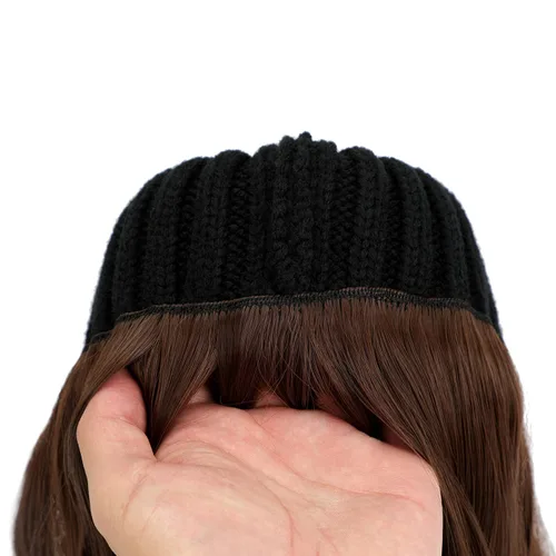 Vista 5 de Gorro para mujer con pelo adjunto, gorro de punto cálido con pompón unido de 14 pulgadas de largo, ondulado, extensiones de cabello rizado, postizo