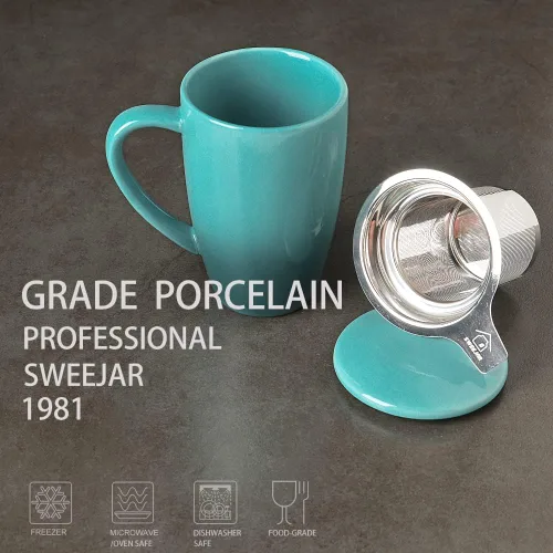 Vista 3 de Sweejar Taza de Té de Porcelana con Infusor y Tapa, Tetera con Filtro, Colador Infusor de Tazas de Té de Hojas Sueltas, 16 Fl Oz para Azul degradado
