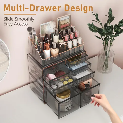 Vista 3 de Delamu Organizador de maquillaje de 3 niveles y 6 cajones para encimera, organizador de cosméticos para tocador y tocador, organizador de baño, Negro