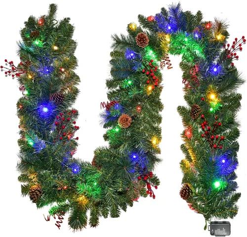 Vista 13 de HOYECHI - Juego de 2 guirnaldas navideñas preiluminadas - 2.7 m cada una con 50 luces LED y bayas rojas, alimentadas por baterías con 8 modos