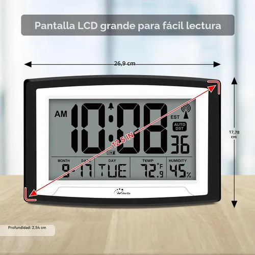 Vista 3 de WallarGe Reloj atómico de 12,5 pulgadas con temperatura y humedad Reloj digital de pared o escritorio con pilas, DST automático, pantalla grande
