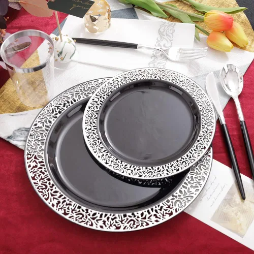 Vista 9 de LIYH 350 platos de plástico negro y plateado, juego de vajilla de plástico plateado, cubiertos desechables, platos negros con servilletas