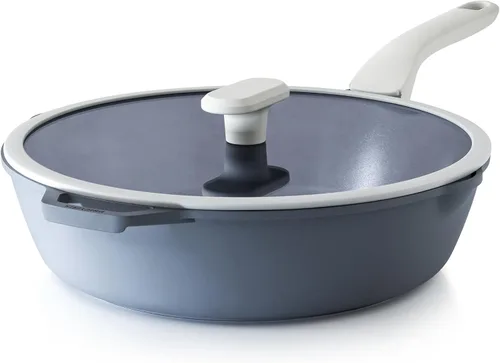 Vista 12 de PRICUSIS Sartén antiadherente profunda para freír con tapa de vidrio, 10 pulgadas (3.2 cuartos de galón), sartén antiadherente para saltear 5 veces