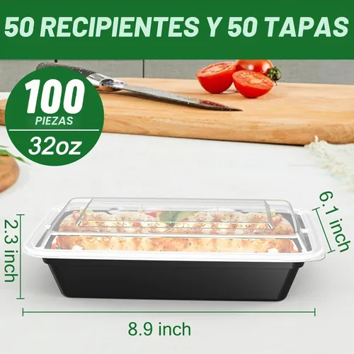 Vista 2 de Paquete de 50 (100 piezas) Recipientes para Preparación de Comidas de 32 oz Reutilizables con Tapas de Apertura Fácil, Resistentes a Prueba de Fugas
